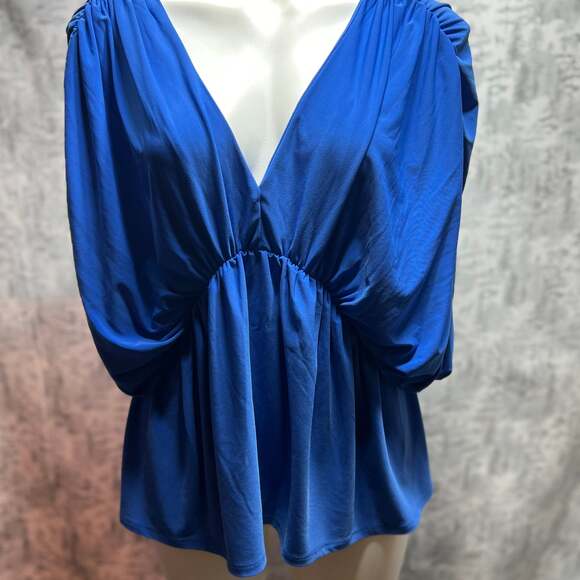 EXPRESS Tops - EXPRESS Blue Stretchy Peplum V-Neck Draped Short Sleeves Top